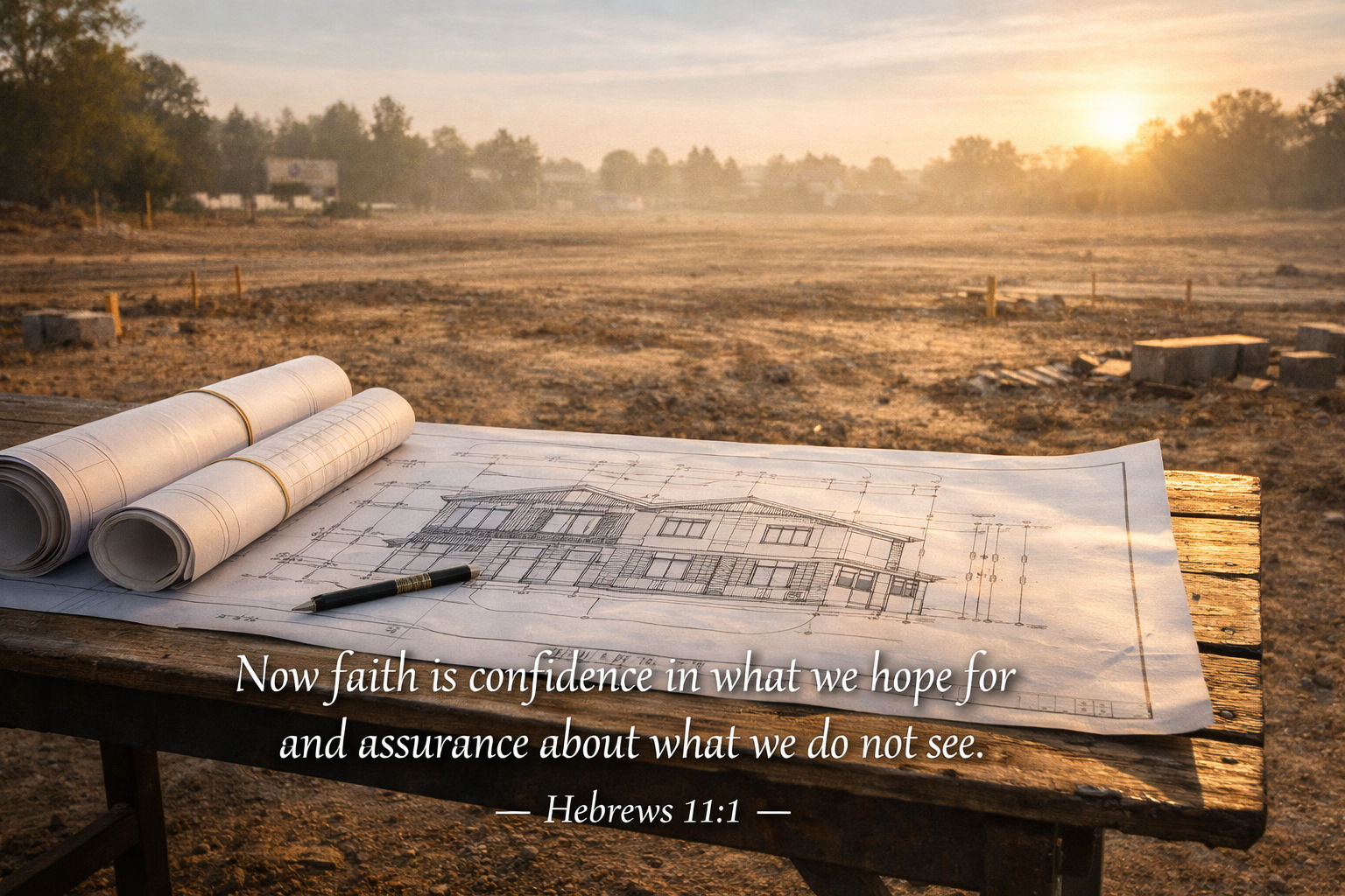 Architect blueprint beside an empty construction lot with Hebrews 11:1 verse about faith being assurance about what we do not see